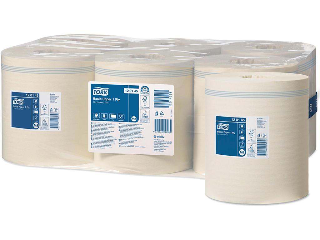 Aftørringsrulle, Centertræk, 1 lag, 6 ruller, Tork Basic Midi M2