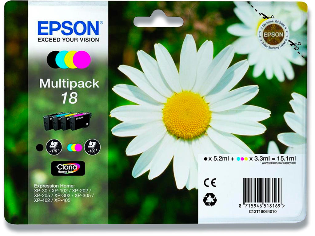 Blækpatroner, 4 stk, 715 sider, 4 farver, Epson 18-T1806