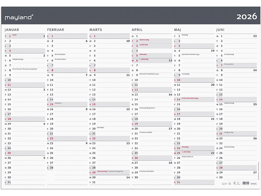 Vægkalender, 2026, Kæmpe, Moderne, 6 måneder pr. side, 100x70 cm, Mayland