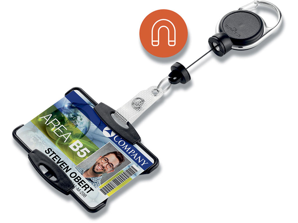 ID kortholder, Til 1 kort, Med Stropklemme og yoyosnor med karabinhage, Vandret, 1 stk, Durable EXTRA STRONG