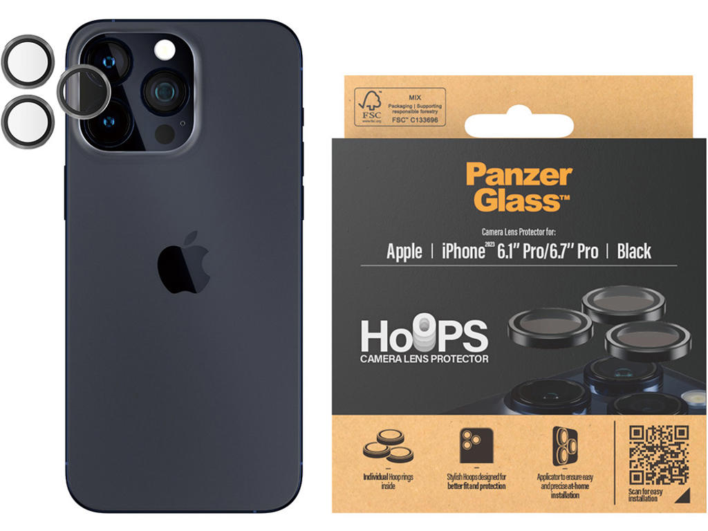 Kameralinsebeskytter, iPhone 15 Pro og iPhone 15 Pro Max, Sort, 1 sæt, PanzerGlass Hoops