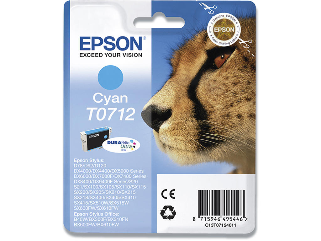 Blækpatron, 1 stk, 280 sider, Cyan-blå, Epson T0712