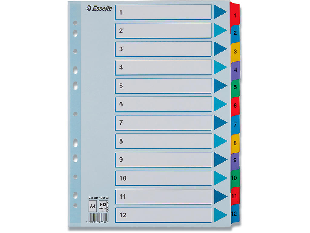 Registerblade, A4, 1-12, Flerfarvet, Esselte Mylar 