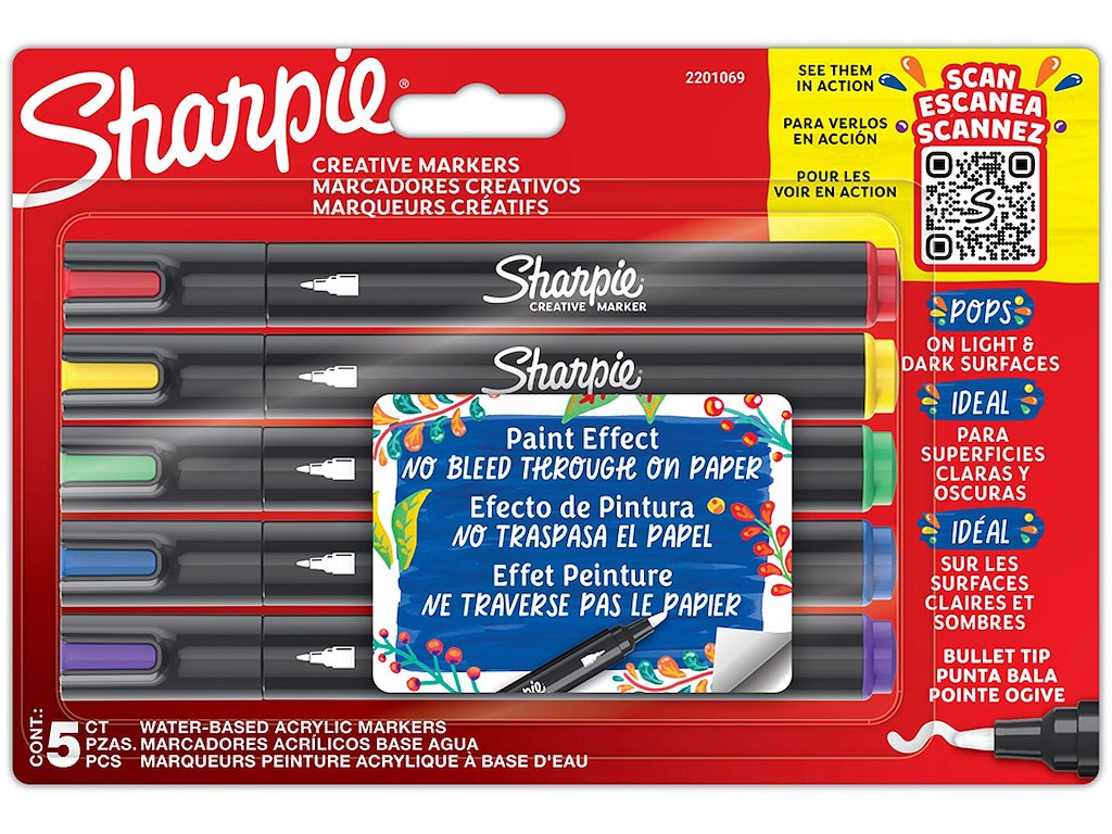 Marker, Bullet tip, Assorterede farver, 5 stk, Sharpie Creative Acrylic 