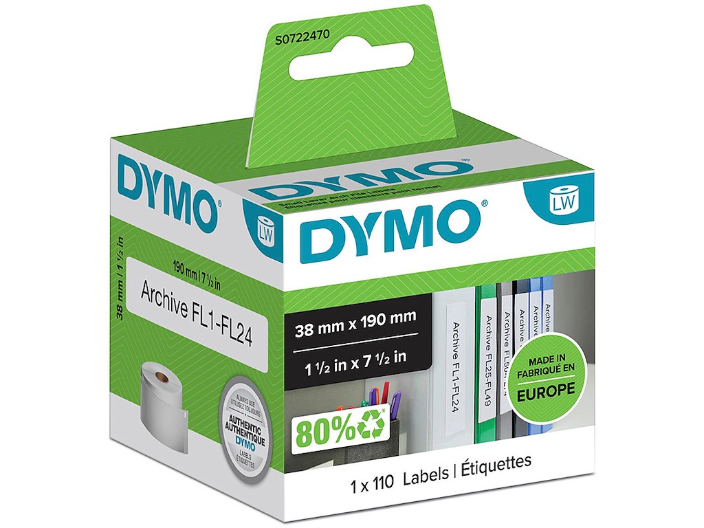 Labeletiketter, Universal, 38x190 mm, 1 rulle af 110 etiketter, Dymo LabelWriter 99018