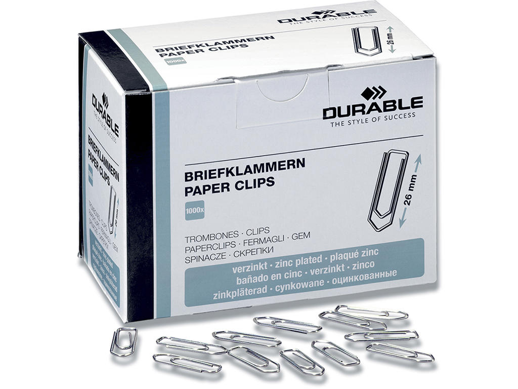Papirclips, 26 mm, Krom, 1.000 stk, Durable 