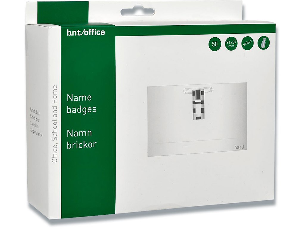 Navneskilt, Med klemme, sikkerhedsnål og indstik, 57x91 mm, 1 stk, BNT Office 