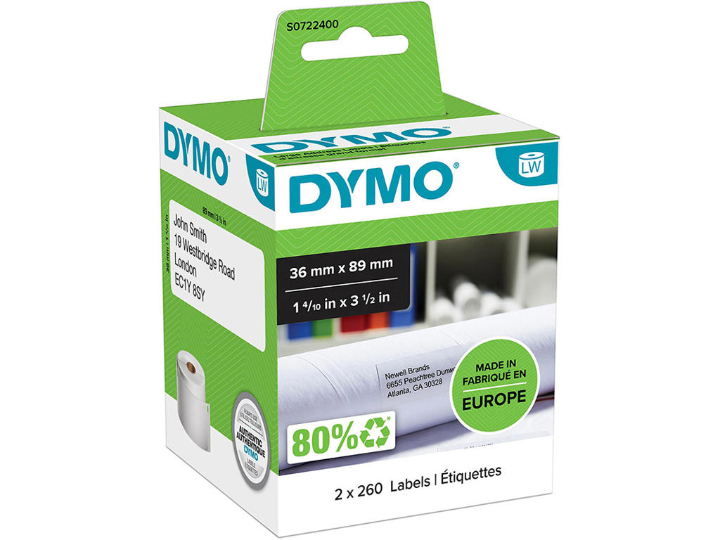 Labeletiketter, Adresse, 36x89 mm, 2 ruller af 260 etiketter, Dymo LabelWriter 99012