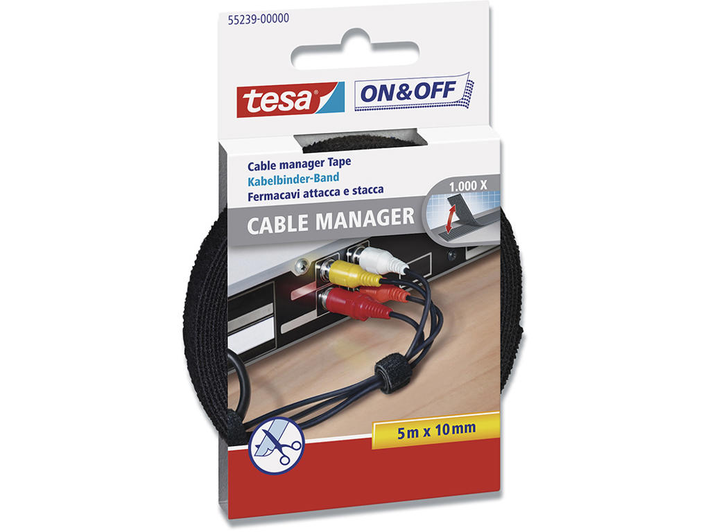 Velcro bånd, 10mm x 5m, 1 rulle, Sort, Tesa Cable Manager 55239