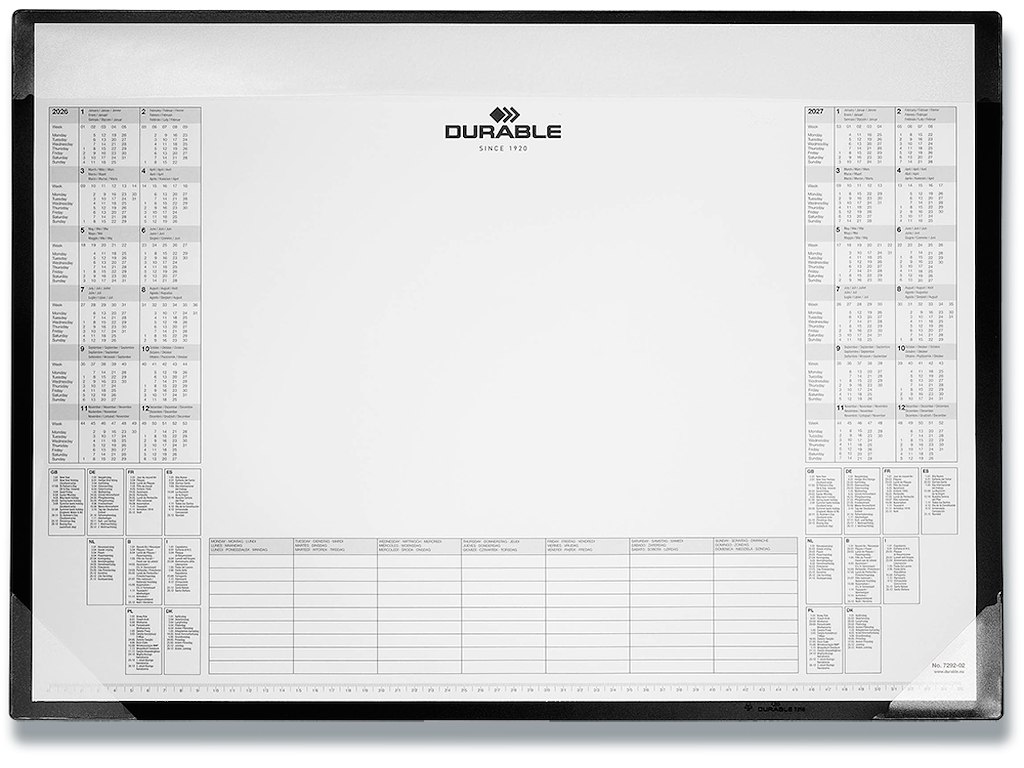 Skriveunderlag, 60x43 cm, Kalender, Med 2 års årskalender blok med 25 ark, Durable 