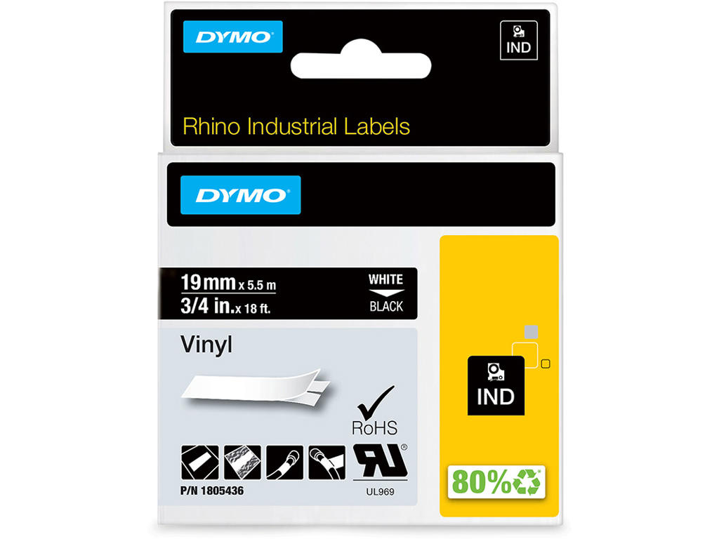 Labeltape, 19mm x 5.5m, Hvid på Sort, 1 rulle, Dymo Rhino Industri