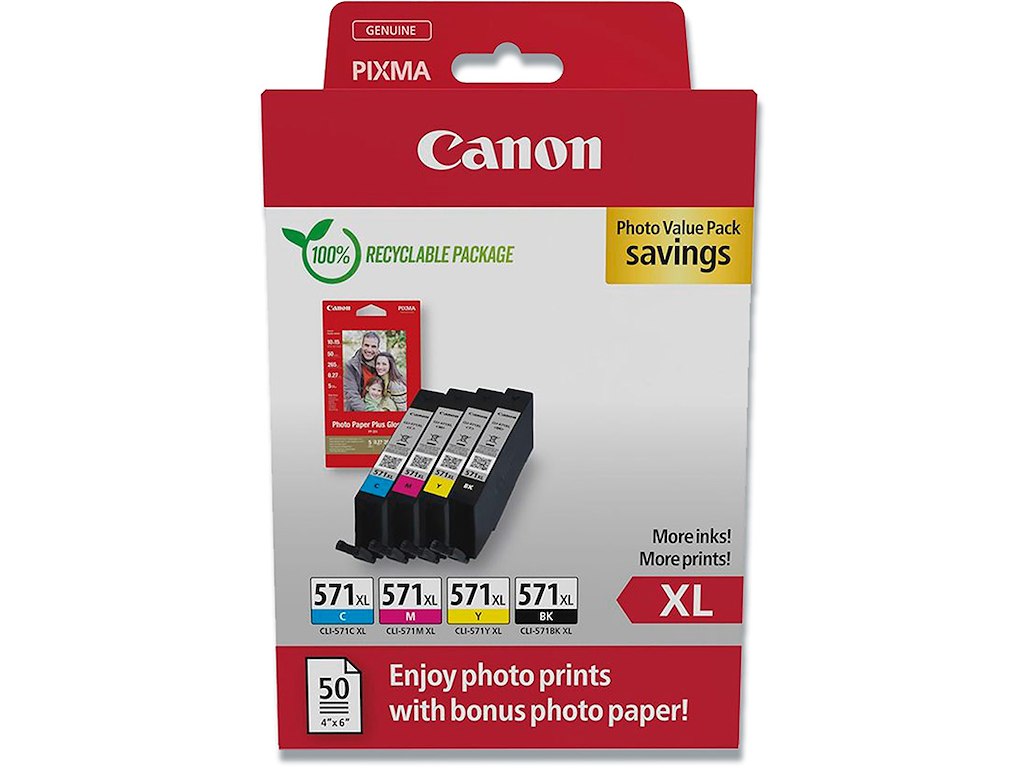 Blækpatroner, 4 stk, 4 farver, Black-sort, Canon CLI-571XL