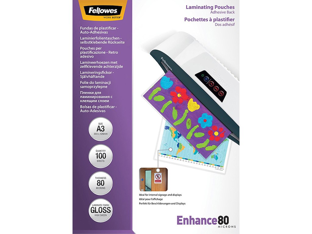 Lamineringslommer, A3, 80 micron, 100 stk, Fellowes Selvklæbende bagside Gloss