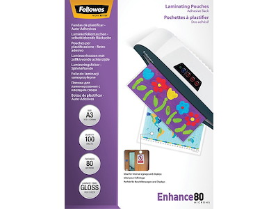 Lamineringslommer, A3, 80 micron, 100 stk, Fellowes Selvklæbende bagside Gloss