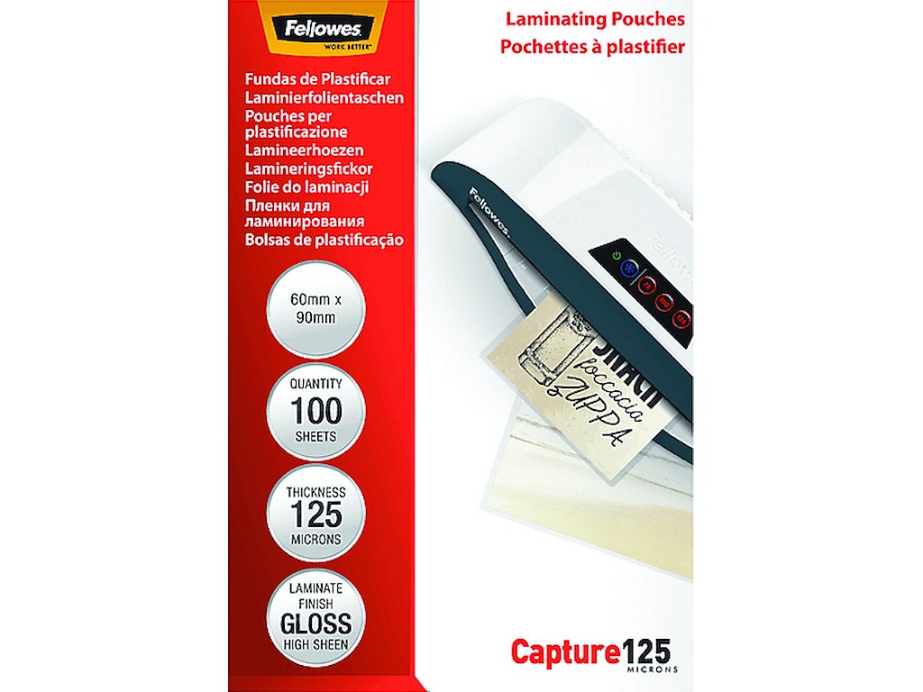 Lamineringslommer, 60x90 mm, 125 micron, 100 stk, Fellowes Gloss