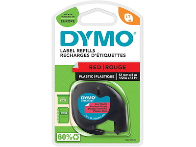 Labeltape, 12mm x 4m, Sort på Rød, 1 rulle, Dymo LetraTag Plast