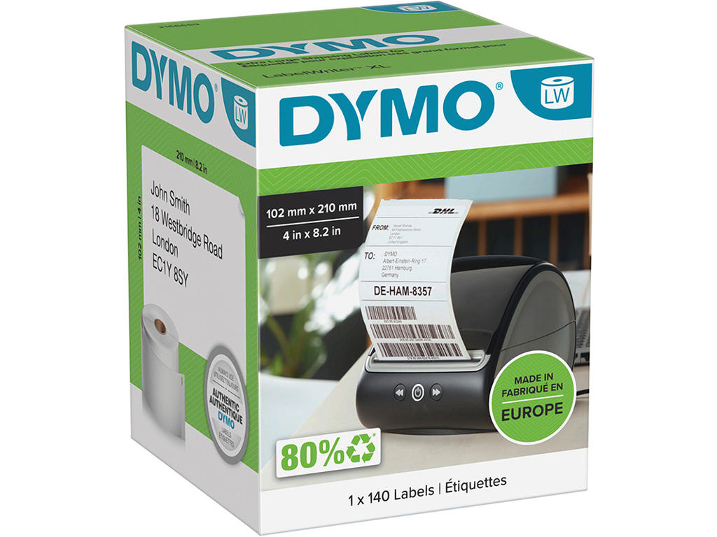 Labeletiketter, Forsendelse, 102x210 mm, 1 rulle af 140 etiketter, Dymo LabelWriter