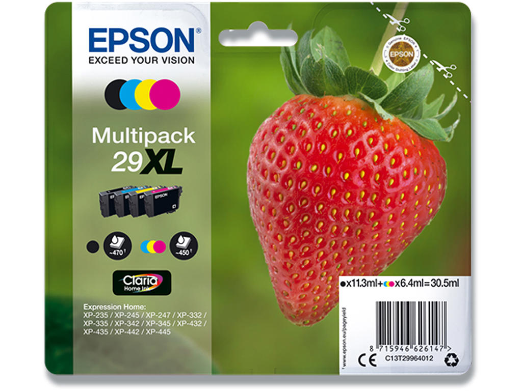 Blækpatroner, 4 stk, Sort: 470 sider Farver: 450 sider, 4 farver, Epson 29XL