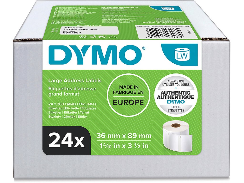 Labeletiketter, Adresse, 36x89 mm, 24 ruller af 260 etiketter, Dymo LabelWriter 99012-13187