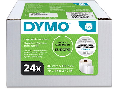 Labeletiketter, Adresse, 36x89 mm, 24 ruller af 260 etiketter, Dymo LabelWriter 99012-13187