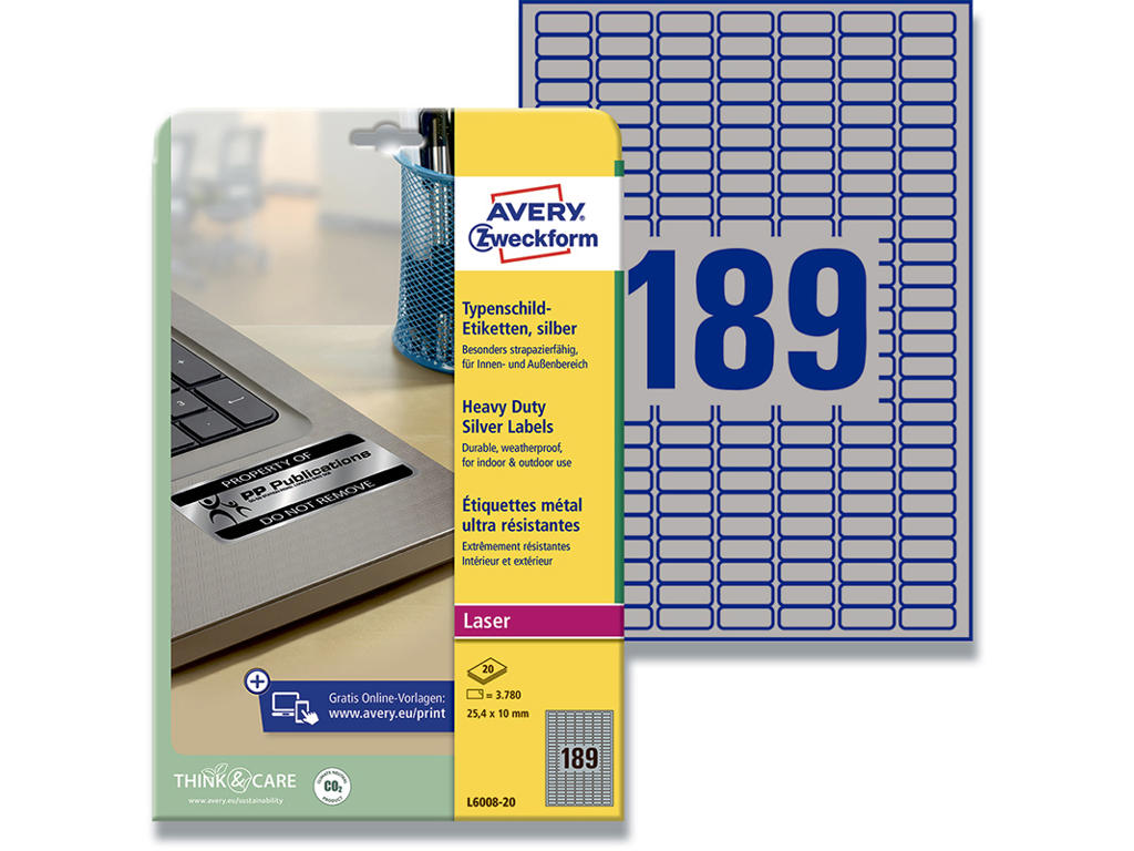 Etiketter, 25.4x10 mm, Sølv, 3780 etiketter i alt, Avery 
