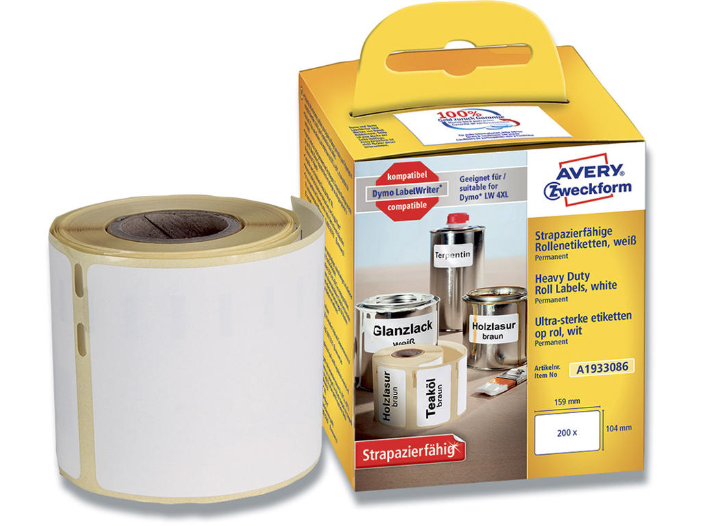 Labeletiketter, Holdbare og modstandsdygtige, 104x159 mm, 1 rulle af 200 etiketter, Avery Direct Thermal 1933086