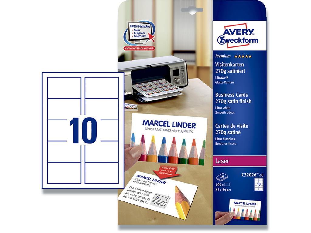 Visitkort, 85x54 mm, 270 g/m², 100 stk, Avery Quick&Clean Premium Satin