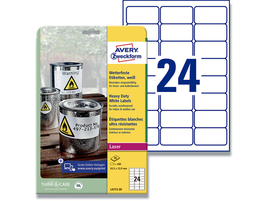 Etiketter, 63.5x33.9 mm, Hvid, 480 etiketter i alt, Avery 