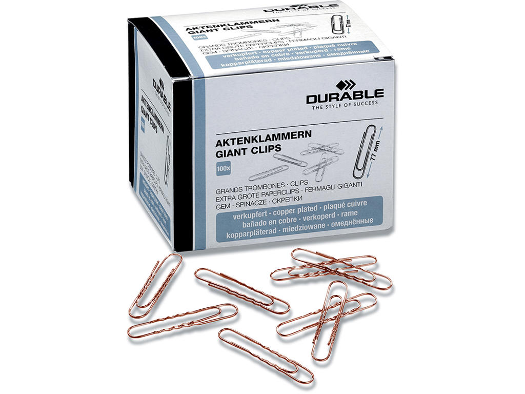 Papirclips, 77 mm, Kobber, 100 stk, Durable 