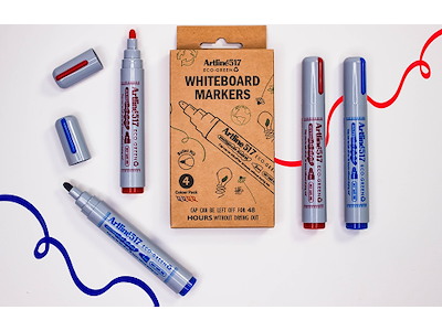 Whiteboard marker, Rund spids, Blå Rød, 4 stk, 3 mm, Artline ECO-GREEN 517