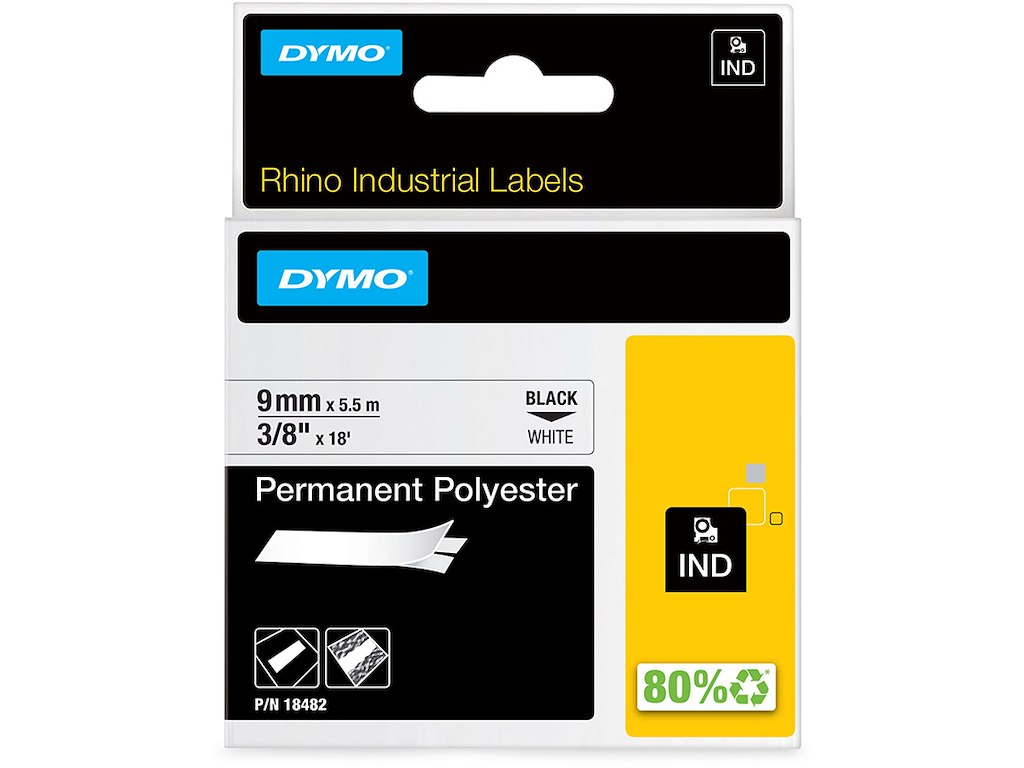 Labeltape, 9mm x 5.5m, Sort på Hvid, 1 rulle, Dymo Rhino Industri