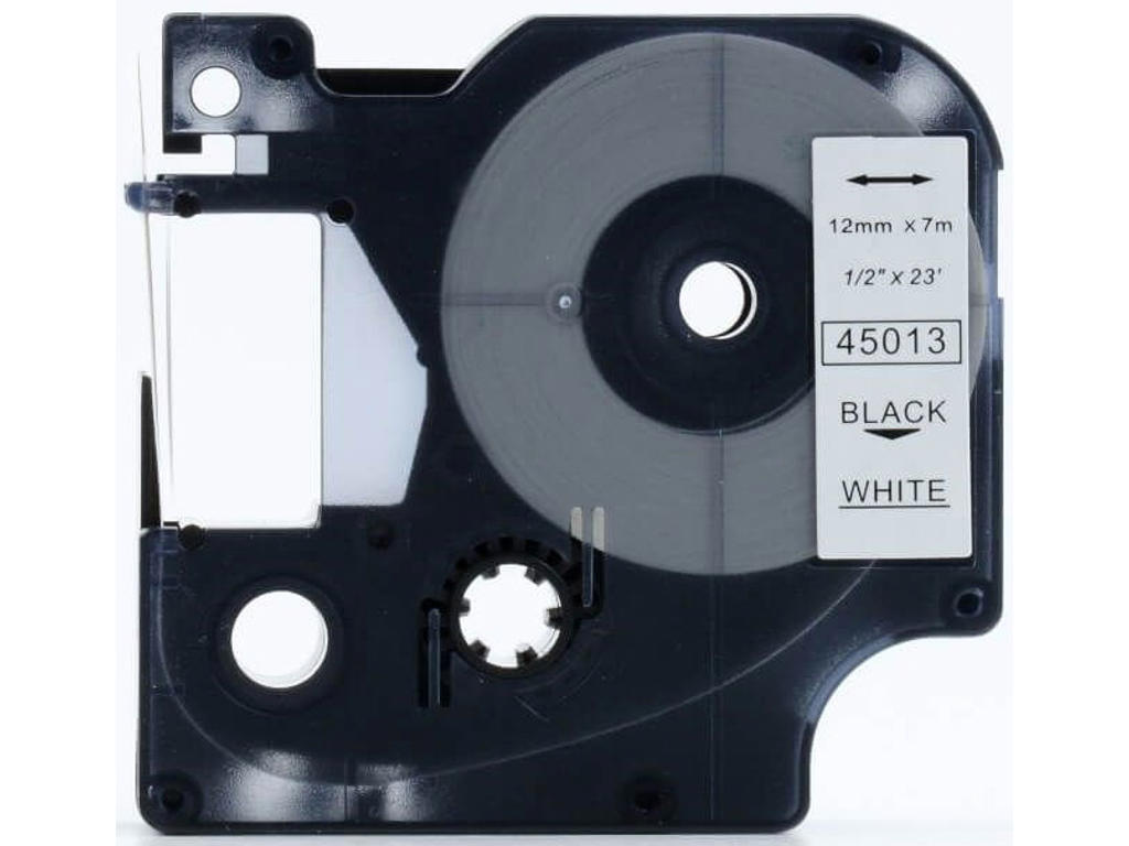 Labeltape, 12mm x 7m, Sort på Hvid, 1 rulle