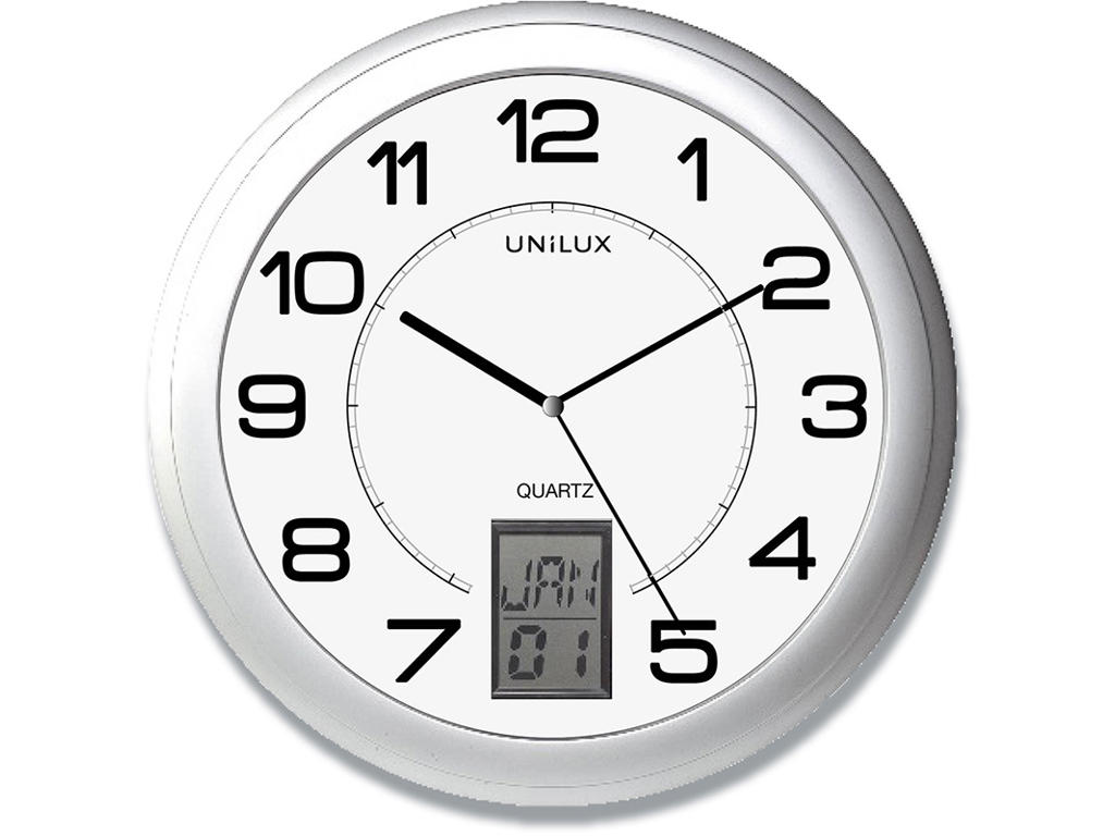 Vægur, Ø31 cm, Alu-Hvid, Ikke radiostyret, Med LCD display, Unilux Instinct Quartz System