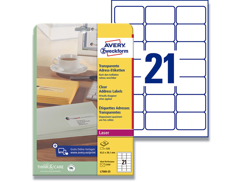 Etiketter, 63.5x38.1 mm, Transparent, 525 etiketter i alt, Avery QuickPEEL 