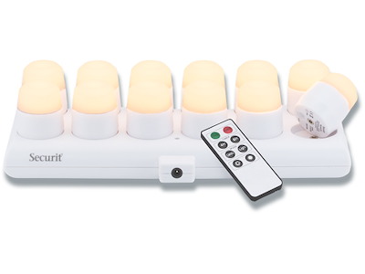 LED fyrfadslys, Sæt med 12 stk og ladestation, Hvidt lys, Securit Amsterdam