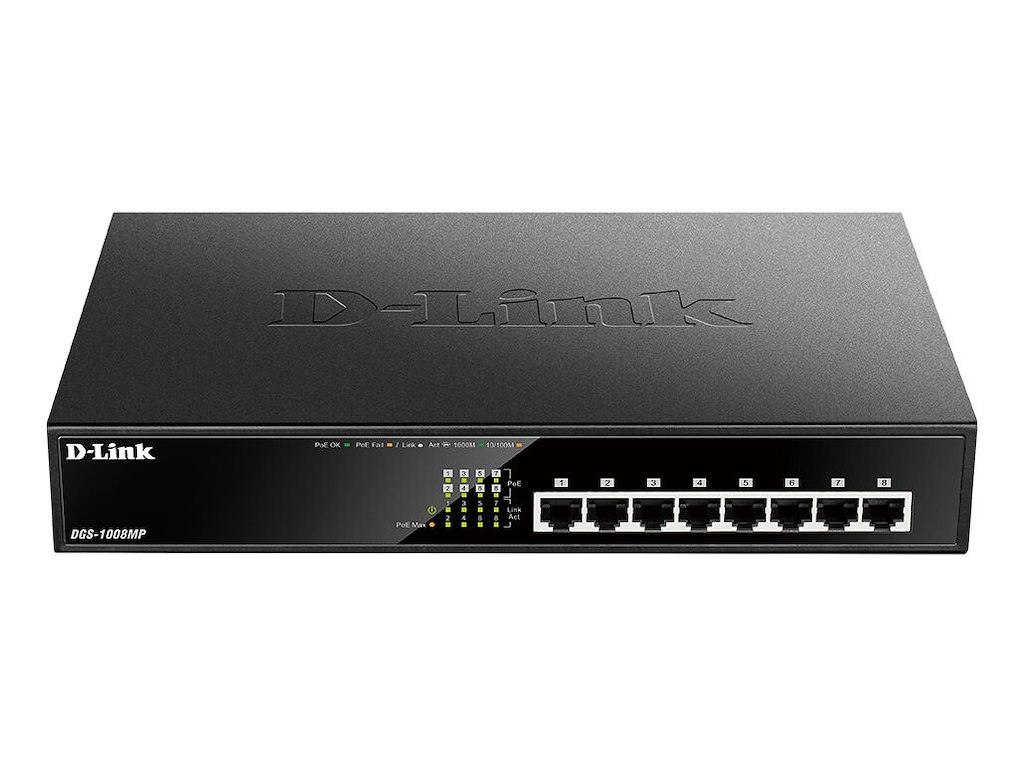 D-Link DGS-1008MP netværksswitch Ikke administreret Gigabit Ethernet (10/100/1000) Strøm over Ethernet (PoE) 1U Sort