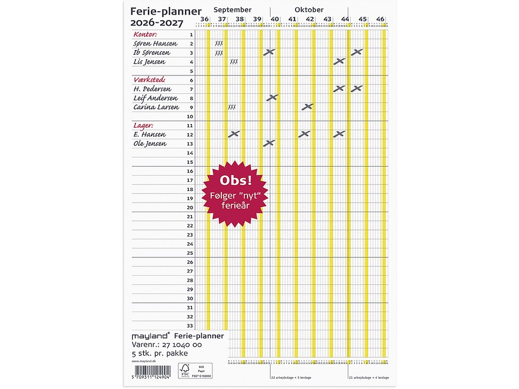 Ferie planner, 2026-2027, Ny ferielov, 1. september 2026 til 31. december 2027, Gul, Mayland